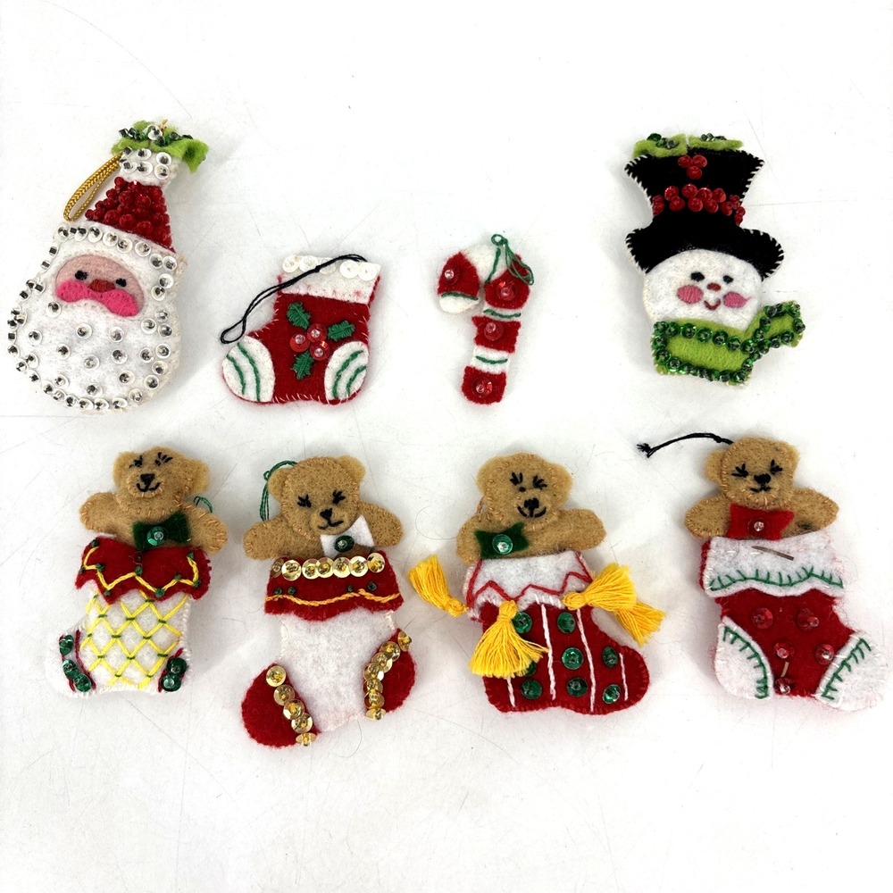 Lot of 8 VINTAGE Handcrafted Felt Christmas 3-D Ornaments Stitched Sequins Beads